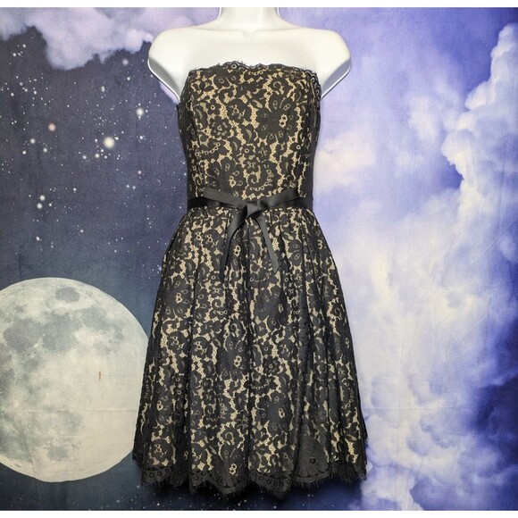 Black Lace Strapless Cocktail Dress Nude Lining Gothic Glam Princess Size 8 - Picture 1 of 11